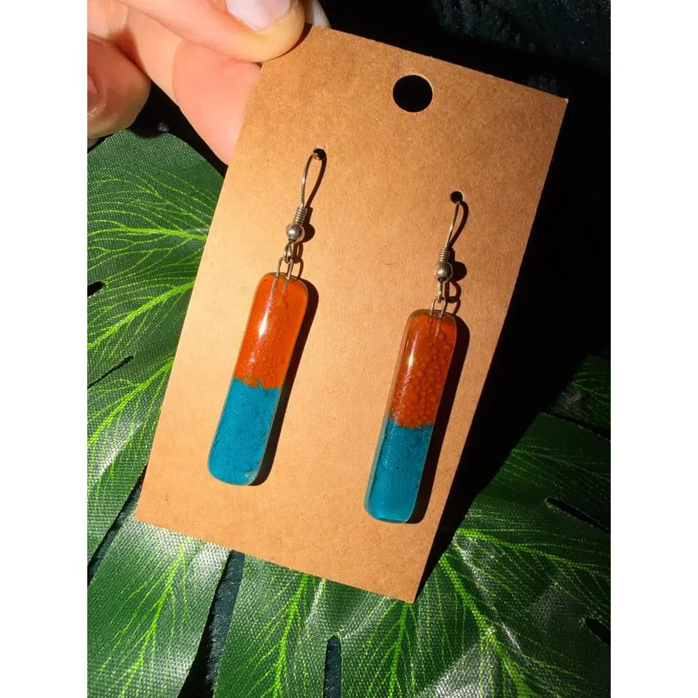 Orange Turquoise Blue Resin Bar Dangle Earrings Silver Tone Boho Modernist